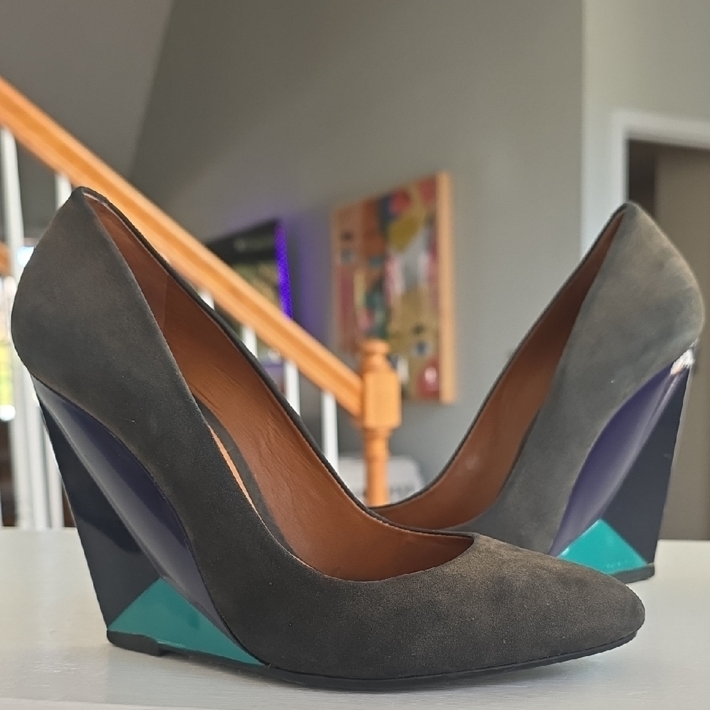 Schutz Gray Suede Colorblock Wedges